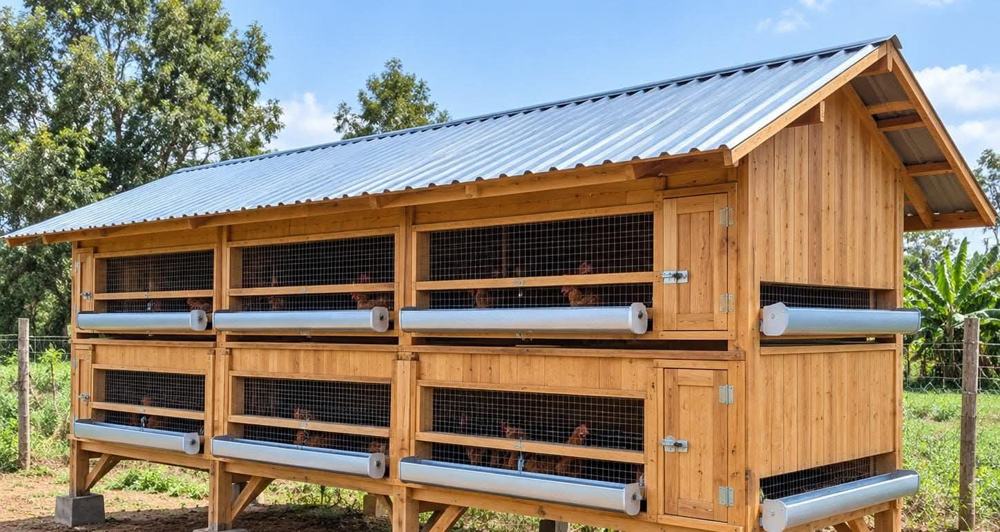 Timber poultry house with iron-sheet roof